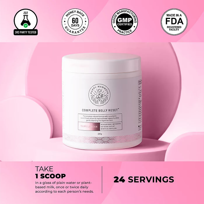 Happy Mammoth Complete Belly Reset Digestive Health Supplement Powder for Men & Women, Supports Gut Health, Reduces Bloating & Gas, Promotes Bowel Regularity, 24 Servings Vanilla Flavor